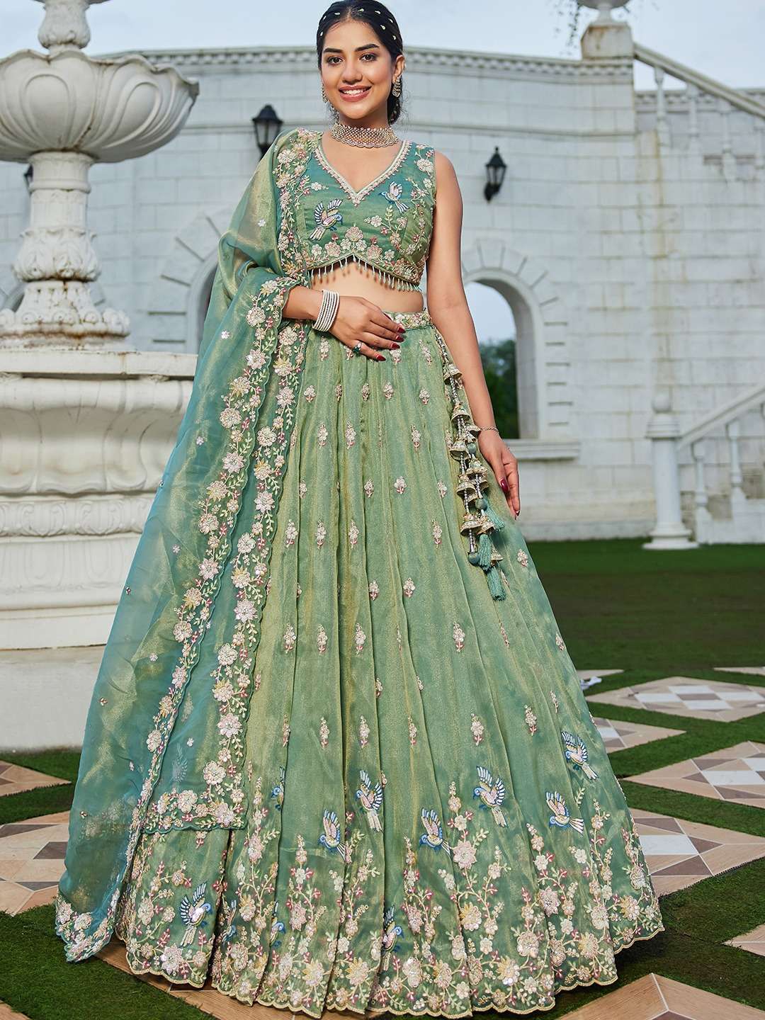 INDIAN DESIGNER BOLLYWOOD WEDDING PARTY WEAR HEAVY GREEN TISSUE SILK READYMADE LEHENGA CHOLI NT 6210 A