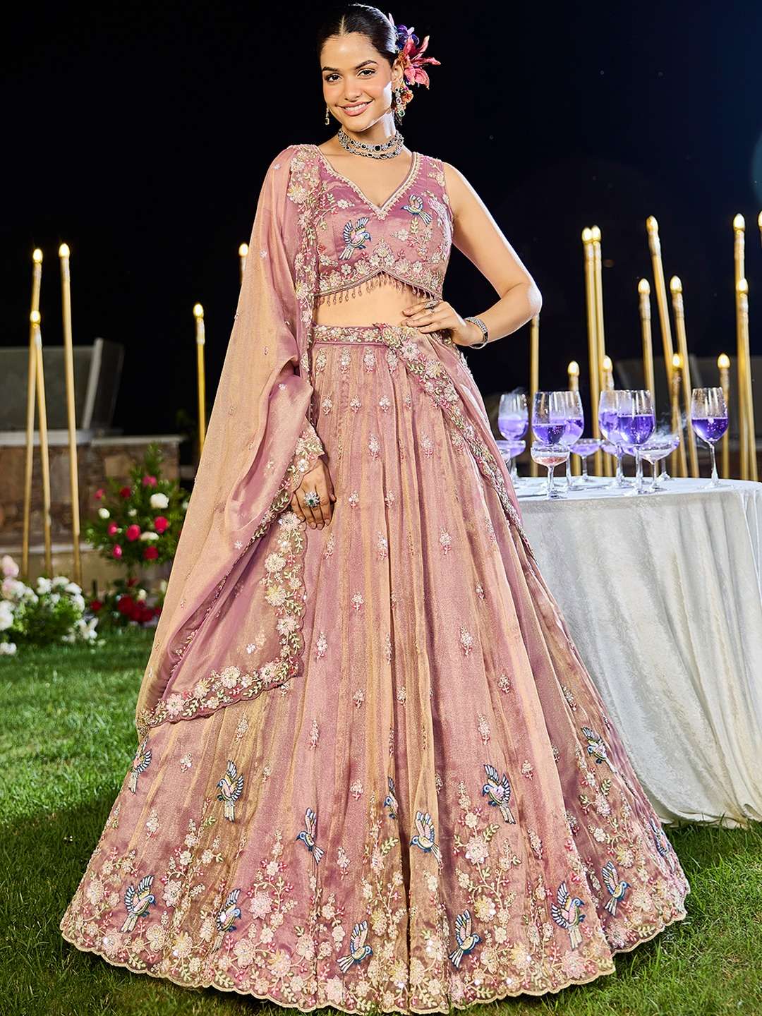 INDIAN DESIGNER BOLLYWOOD WEDDING PARTY WEAR HEAVY PEACH COLOR TISSUE SILK READYMADE LEHENGA CHOLI NT 6210 B