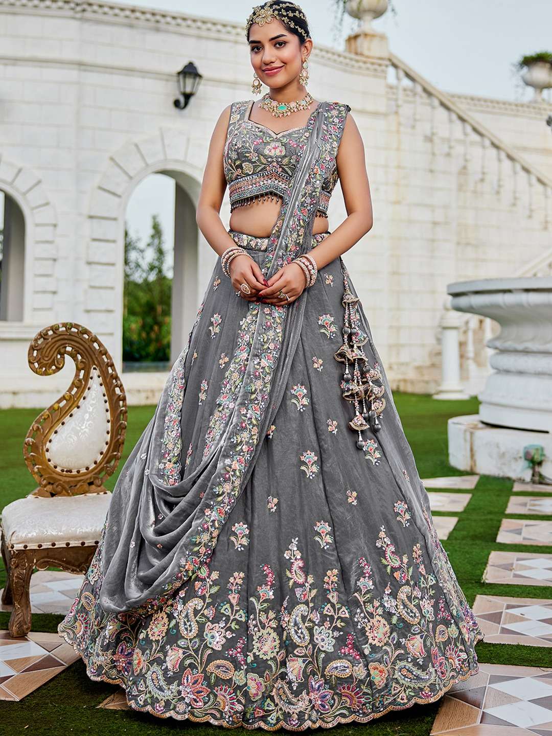 INDIAN DESIGNER BOLLYWOOD WEDDING PARTY WEAR HEAVY TISSUE SILK GREY READYMADE LEHENGA CHOLI NT 6212 A