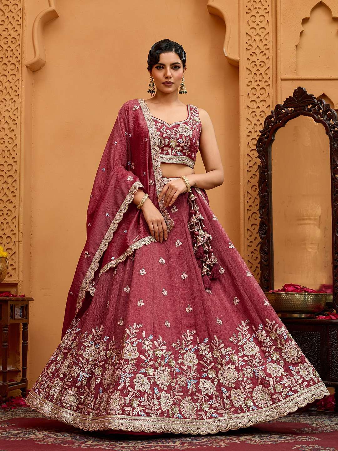INDIAN DESIGNER BOLLYWOOD WEDDING PARTY WEAR HEAVY TISSUE SILK ROSE GOLD LEHENGA CHOLI NT 6145 B