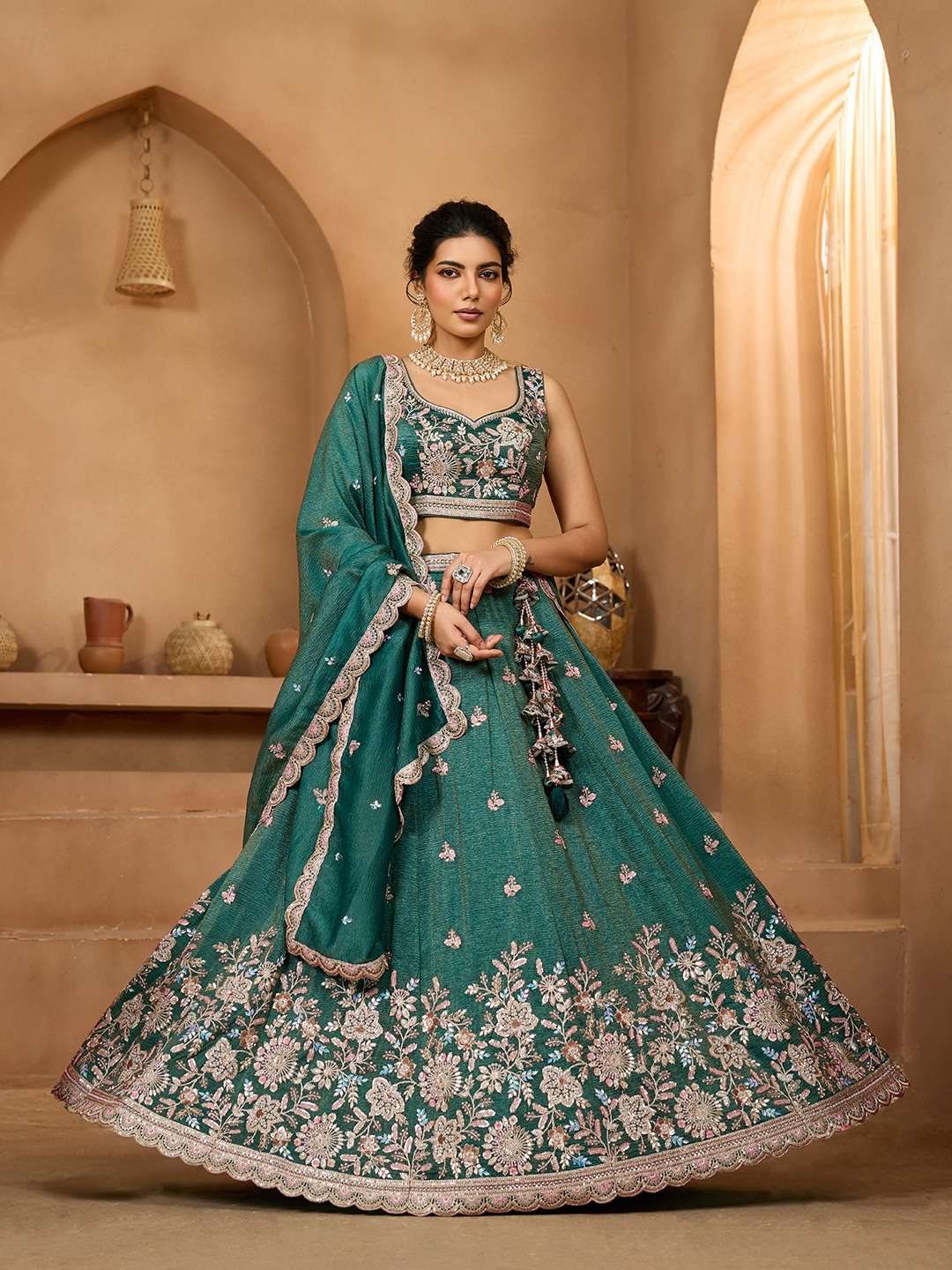 INDIAN DESIGNER BOLLYWOOD WEDDING PARTY WEAR HEAVY TISSUE SILK GREEN LEHENGA CHOLI NT 6145 C