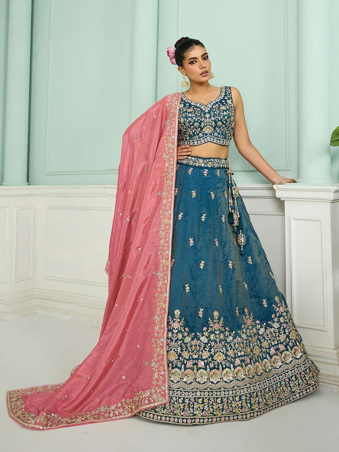 INDIAN DESIGNER BOLLYWOOD WEDDING PARTY WEAR HEAVY SILK TEAL BLUE LEHENGA CHOLI NT 6164 B