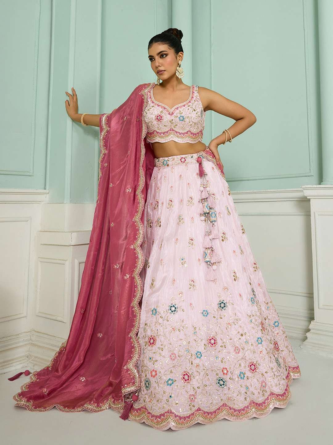 INDIAN DESIGNER BOLLYWOOD WEDDING PARTY WEAR HEAVY TISSUE SILK LIGHT PINK LEHENGA CHOLI NT 6144 A