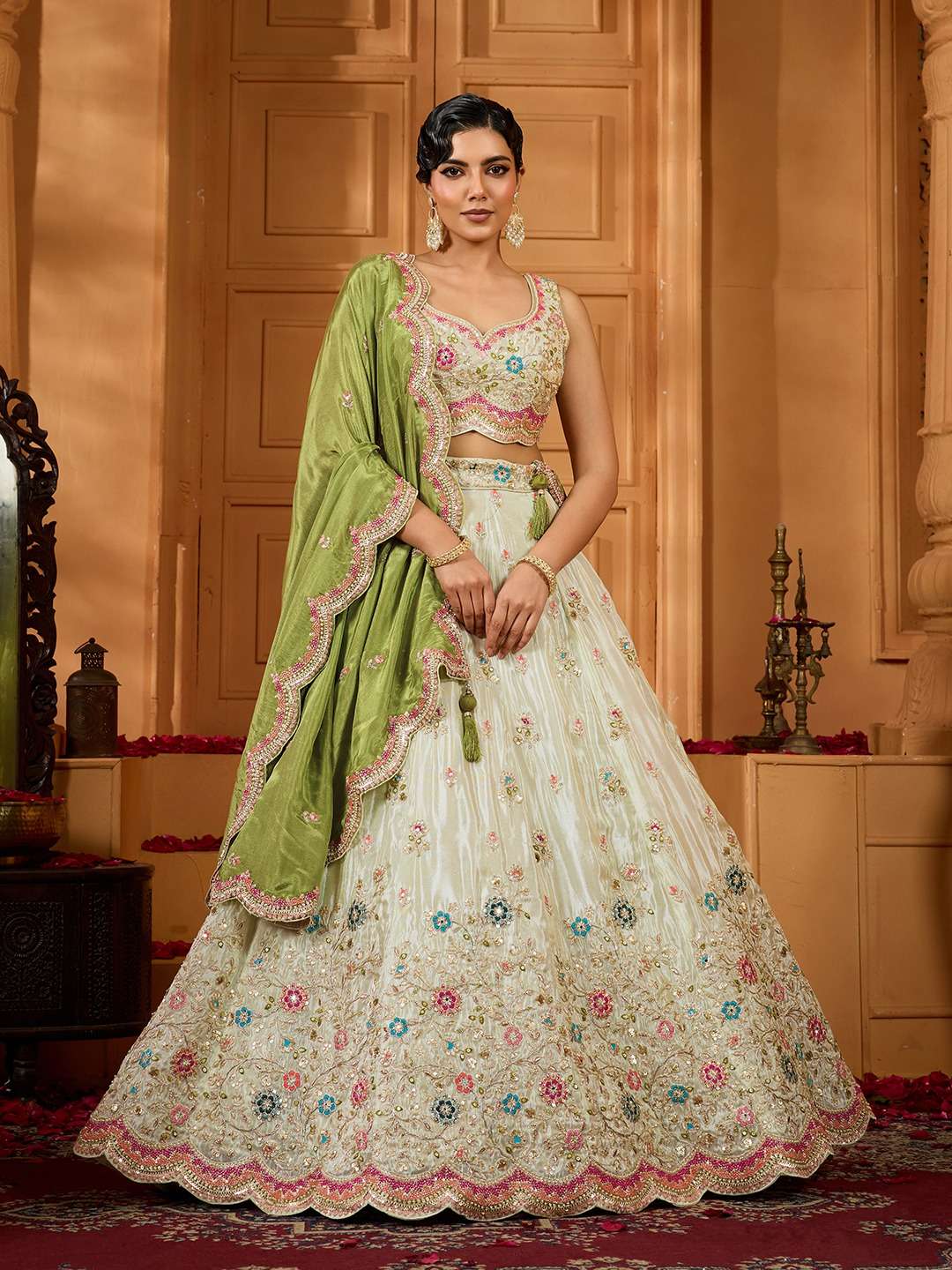 INDIAN DESIGNER BOLLYWOOD WEDDING PARTY WEAR HEAVY TISSUE SILK LIME GREEN LEHENGA CHOLI NT 6144 B