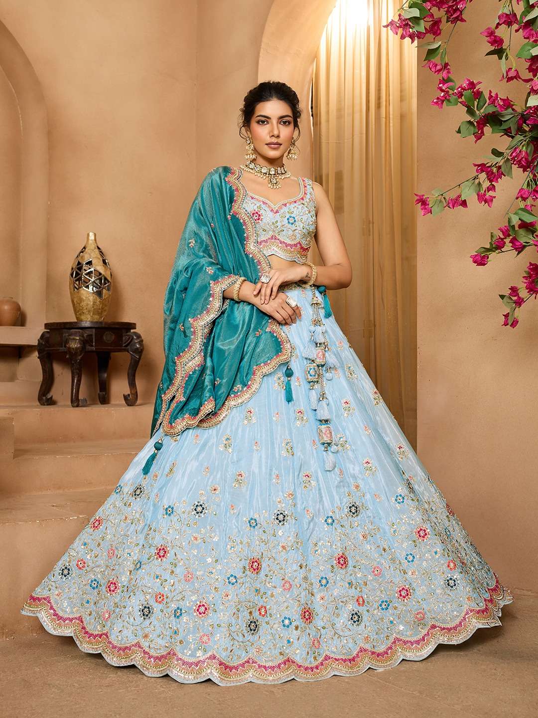 INDIAN DESIGNER BOLLYWOOD WEDDING PARTY WEAR HEAVY TISSUE SILK SKY BLUE LEHENGA CHOLI NT 6144 C
