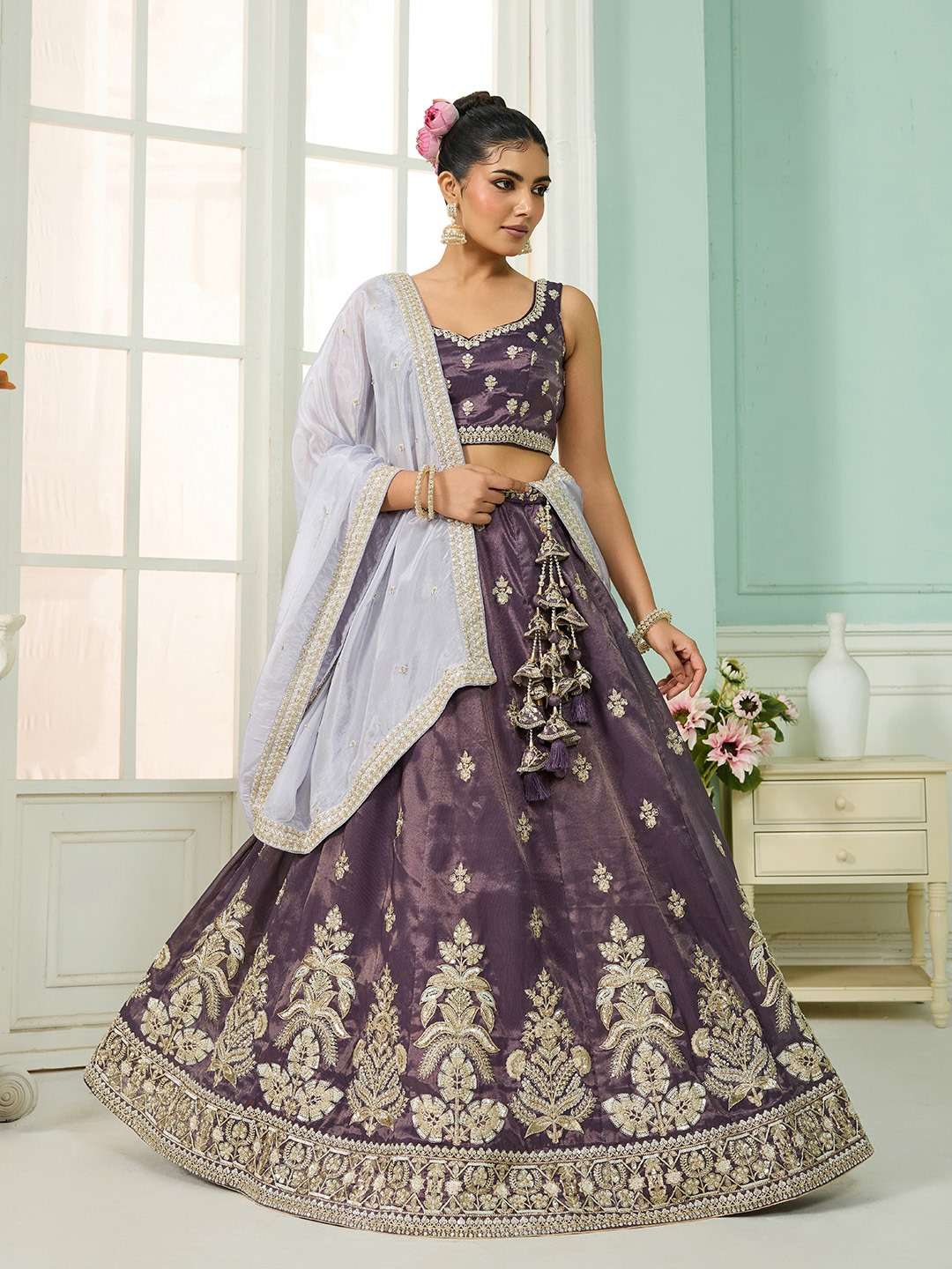INDIAN DESIGNER BOLLYWOOD WEDDING PARTY WEAR HEAVY PURPLE TISSUE SILK LEHENGA CHOLI NT 6143