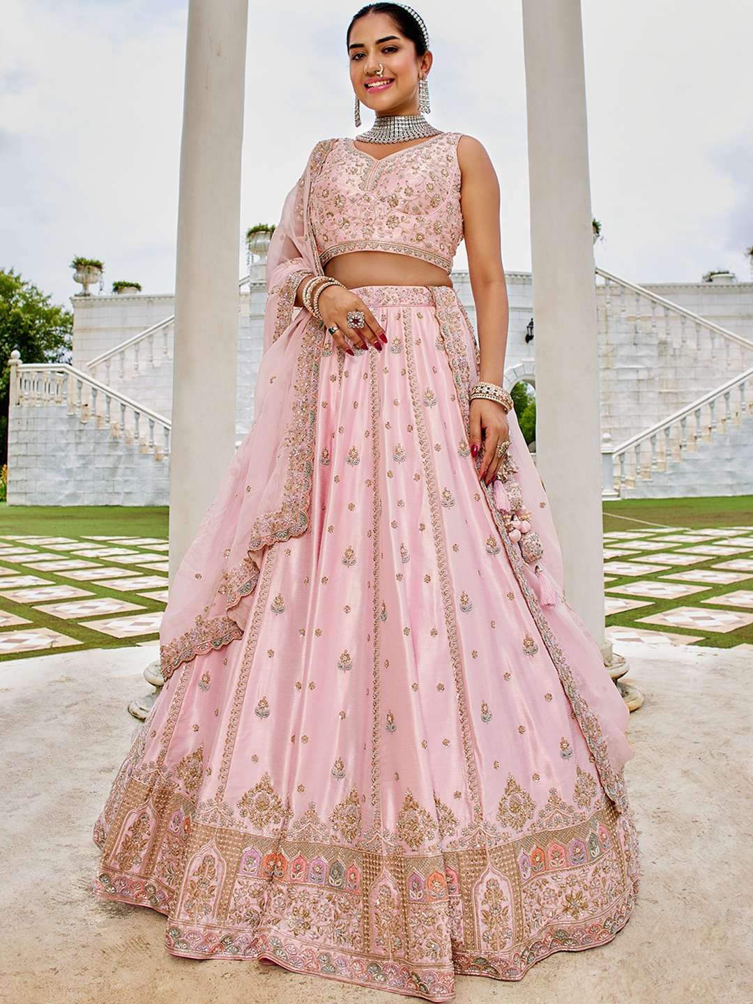 INDIAN DESIGNER BOLLYWOOD WEDDING PARTY WEAR HEAVY PINK SILK LEHENGA CHOLI NT 6194