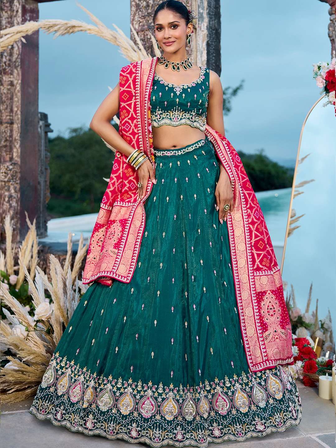 INDIAN DESIGNER BOLLYWOOD WEDDING PARTY WEAR HEAVY GREEN COSMOS SILK LEHENGA CHOLI NT 6182