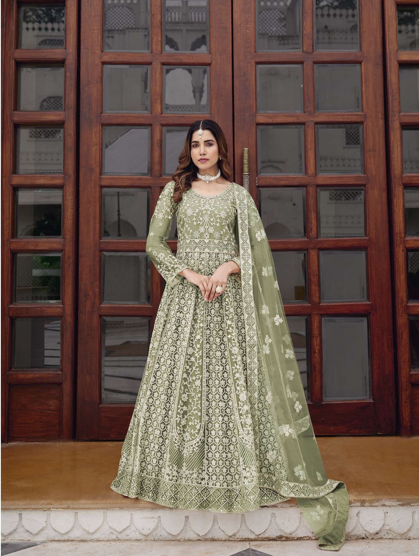 PARTY WEAR PISTA GREEN ANARKALI SALWAR SUIT LONG GOWN IN BUTTERFLY NET SENHORA SAIYAARA 3103 D