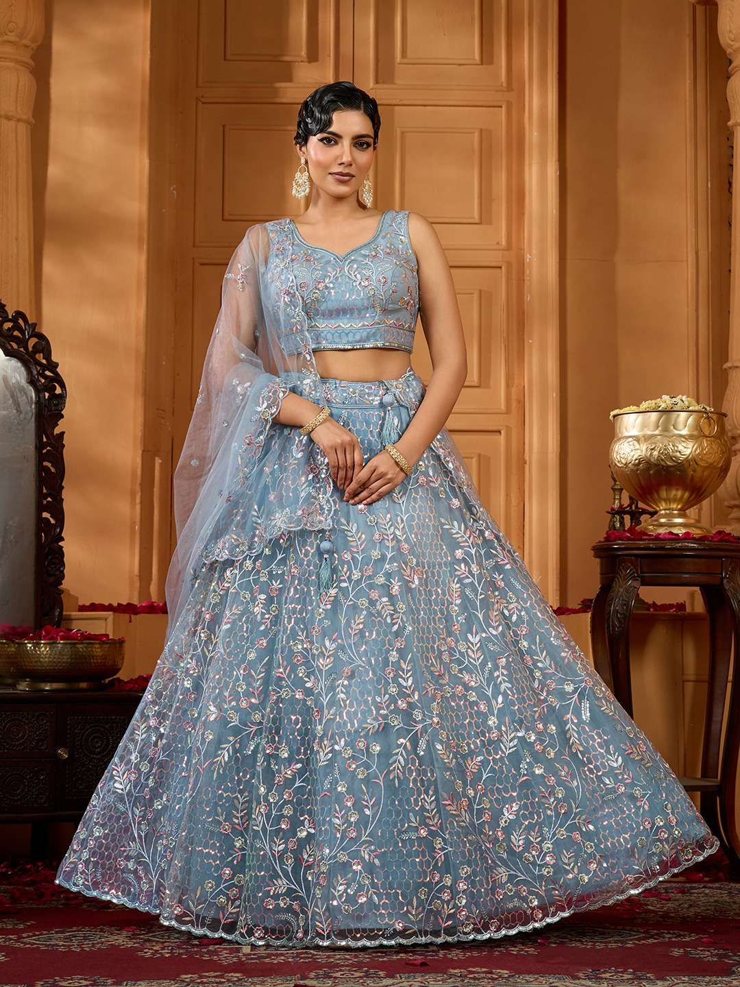 DESIGNER BOLLYWOOD BRIDAL WEDDING PARTY WEAR GREY NET LEHENGA CHOLI SENHORA DRESSES NT 6266 A