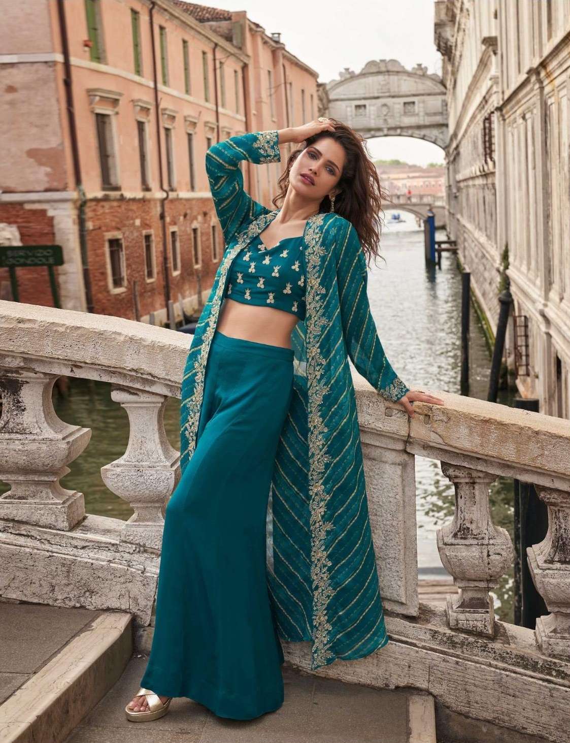 DESIGNER FANCY PARTY WEAR TEAL BLUE BLOUSE KOTI PLAZZO SALWAR SUIT COLLECTION SY MELODI 10100