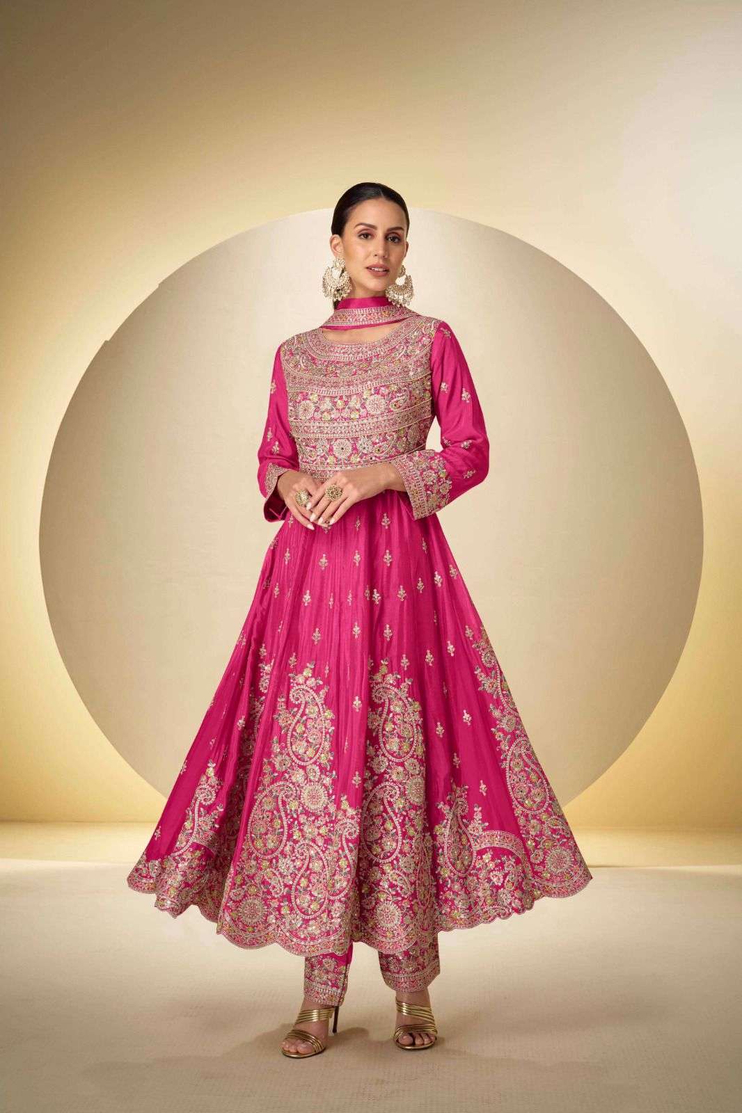 DESIGNER FANCY PARTYWAER REAL CHINON PINK ANARKALI SALWAR SUIT COLLECTION GL RASBARI 7626 A