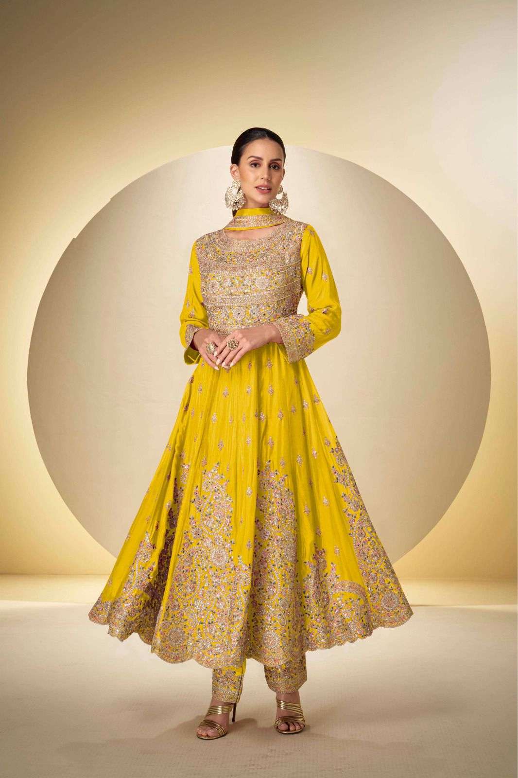 DESIGNER FANCY PARTYWAER REAL CHINON YELLOW ANARKALI SALWAR SUIT COLLECTION GL RASBARI 7626 B