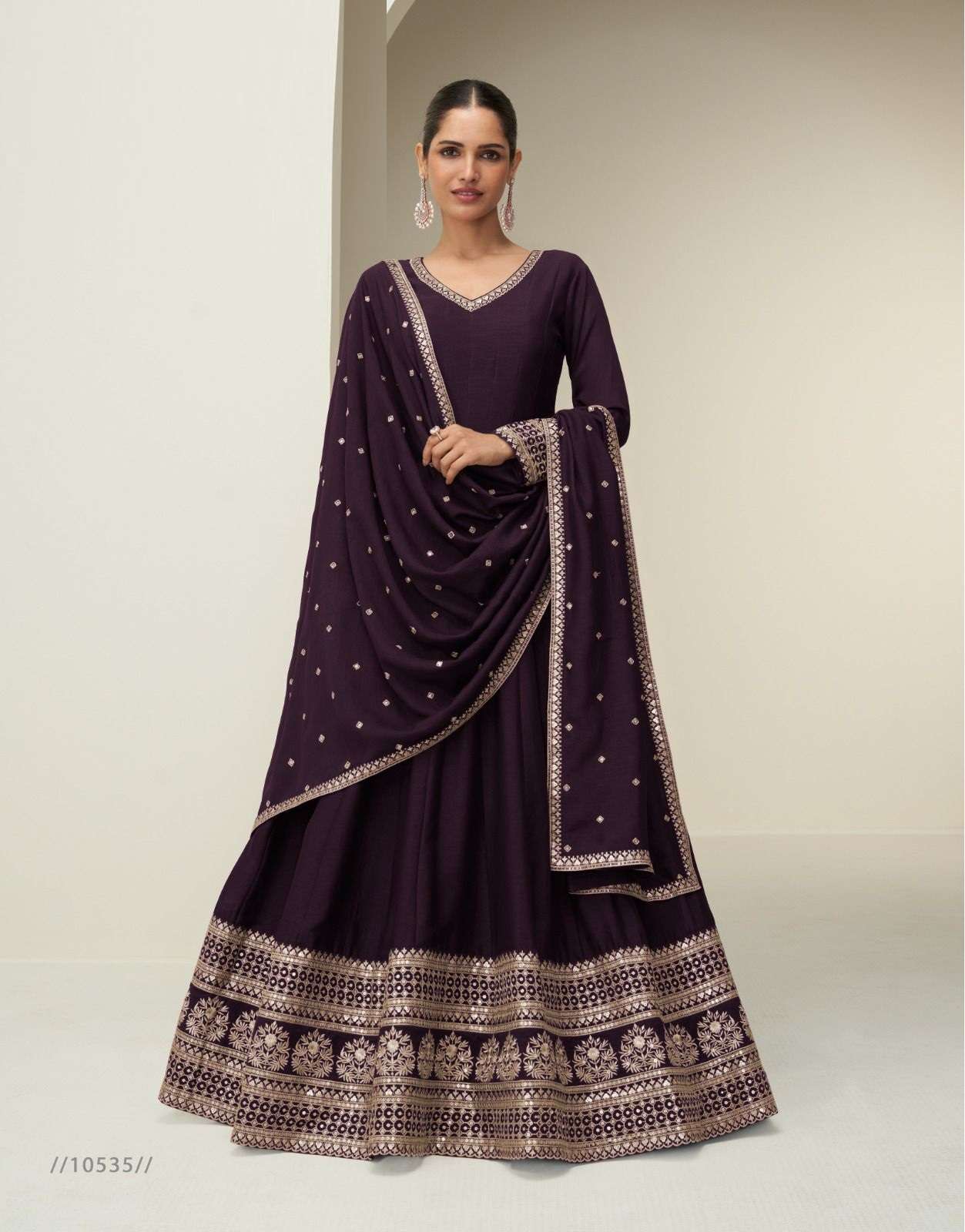 DESIGNER FANCY WEDDING PARTY WEAR PREMIUM SILK PURPLE ANARKALI SALWAR SUIT GOWN AF CHANDRIKA 10383