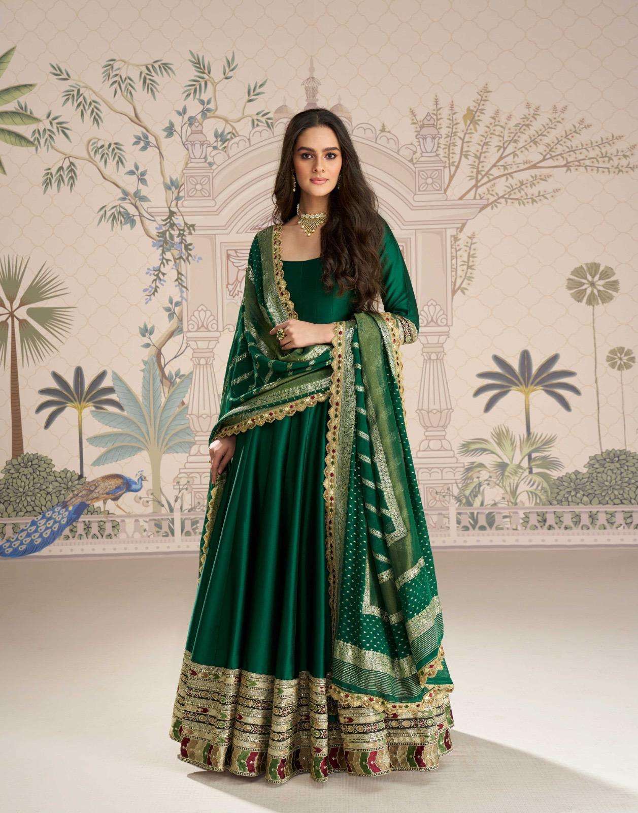 DESIGNER FANCY WEDDING PARTY WEAR REAL SILK GREEN ANARKALI SALWAR SUIT GOWN SY ROSHANI 10040