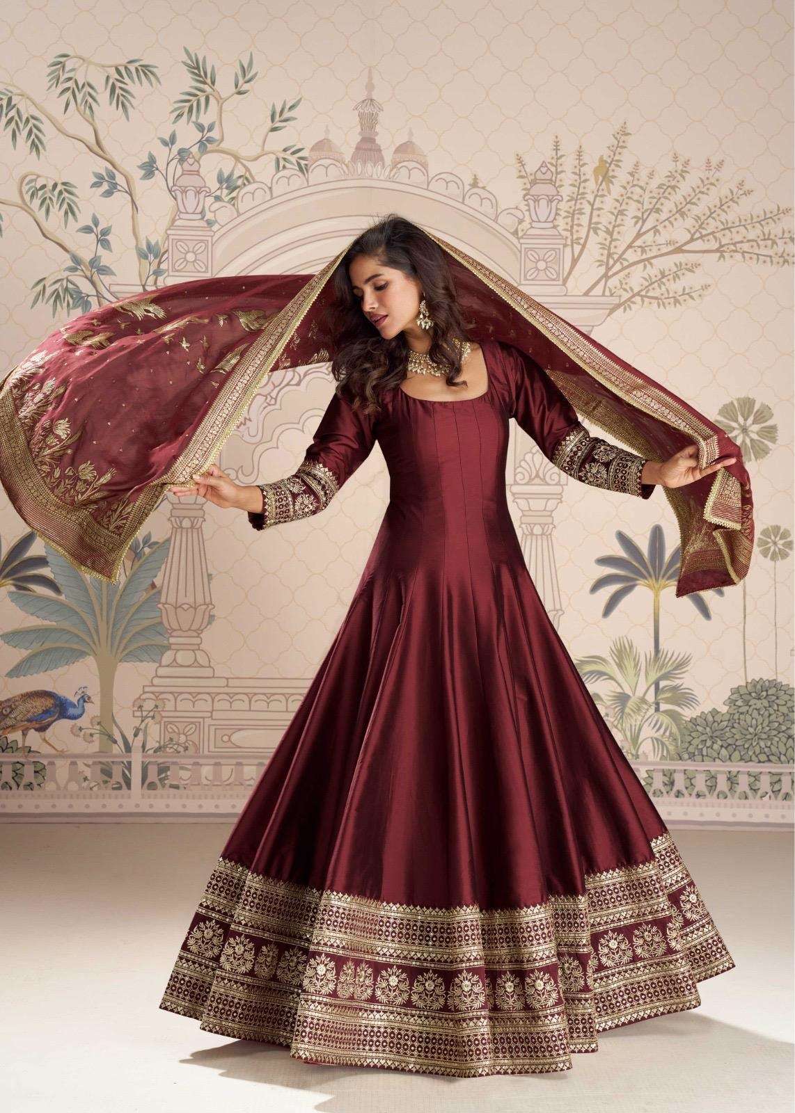 DESIGNER FANCY WEDDING PARTY WEAR REAL SILK MAROON ANARKALI SALWAR SUIT GOWN SY ROSHANI 10041