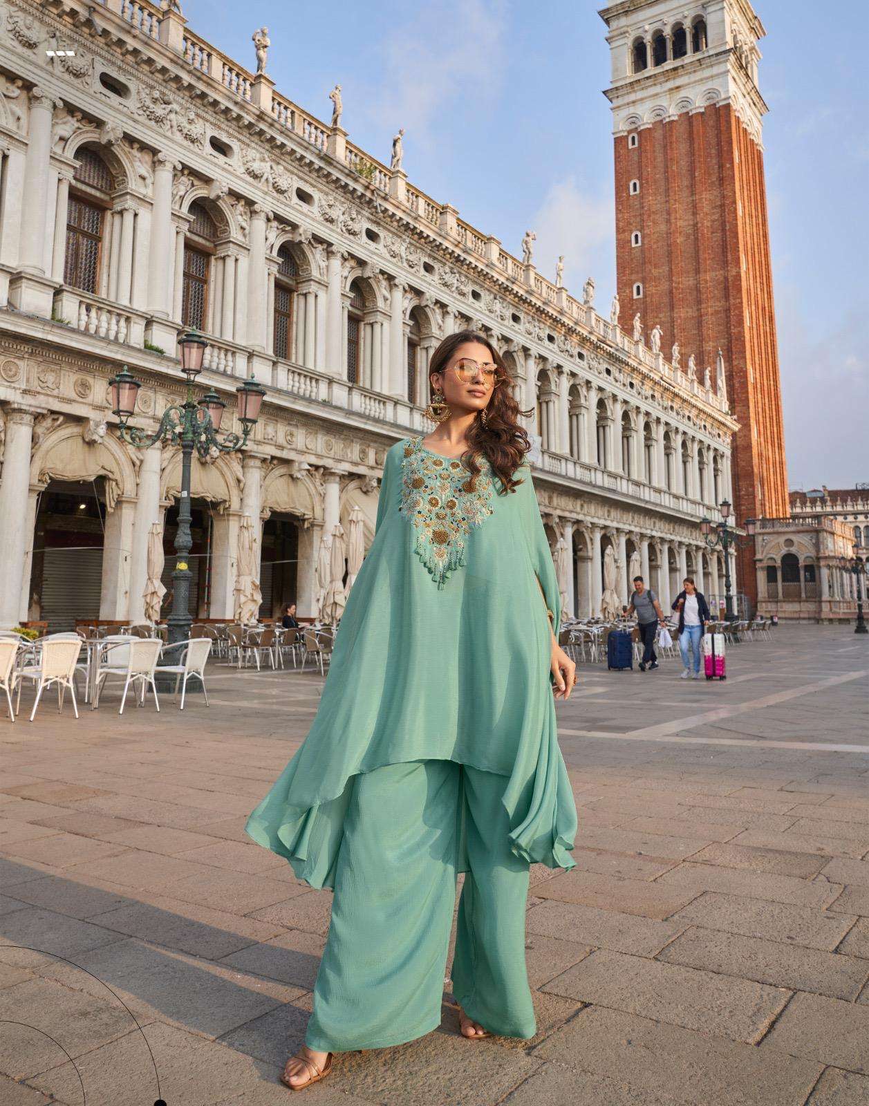 DESIGNER FANCY WEDDING PARTY WEAR SEA GREEN CROP TOP PAIR COLLECTION IN REAL CHINON FABRIC SY AVIKA 10118