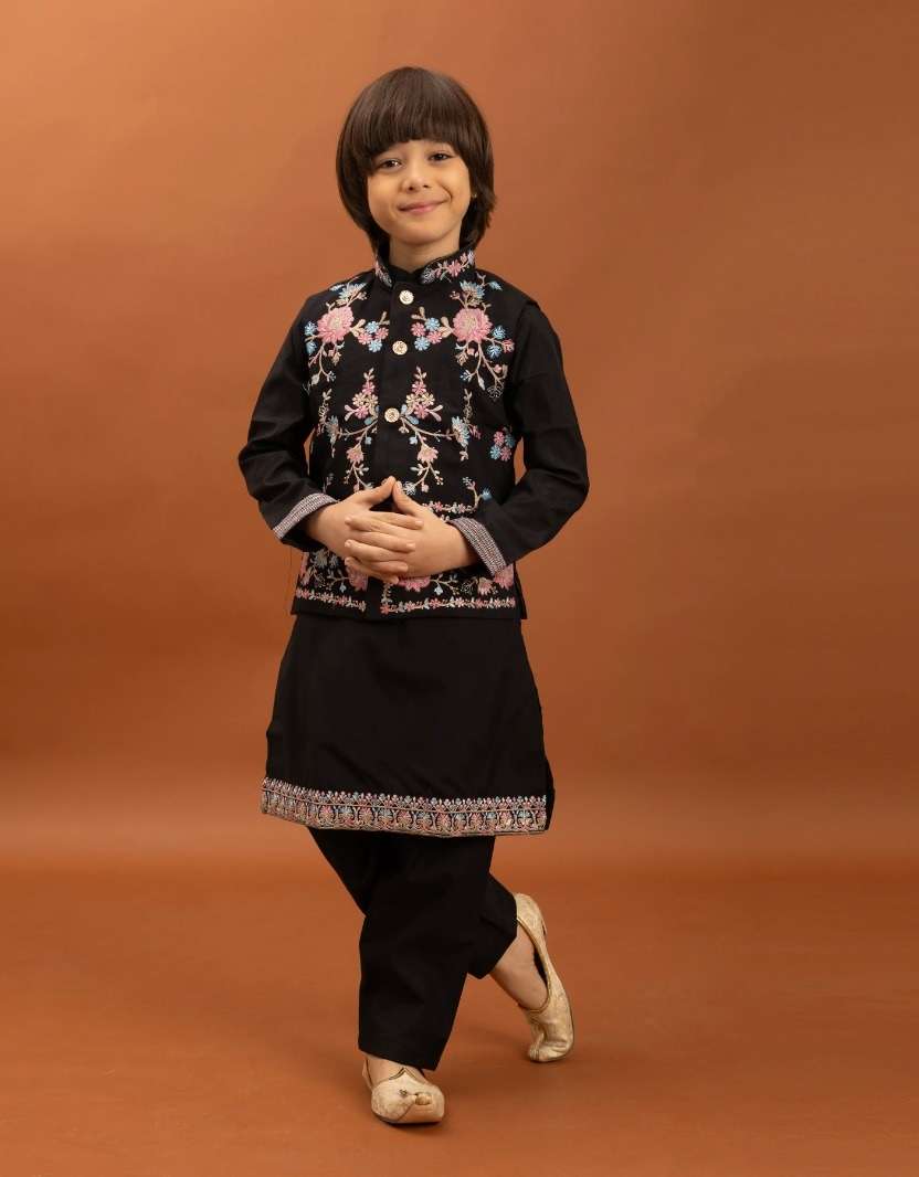DESIGNER KIDS WEAR KOTI KURTA SET IN VISCOSE SILK BLACK KIDS SHERWANI KURTA SET KF 91033