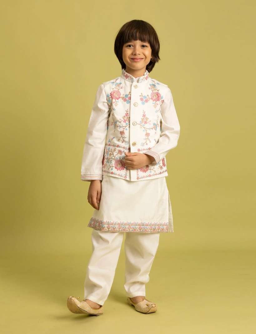 DESIGNER KIDS WEAR KOTI KURTA SET IN VISCOSE SILK WHITE KIDS SHERWANI KURTA SET KF 91034