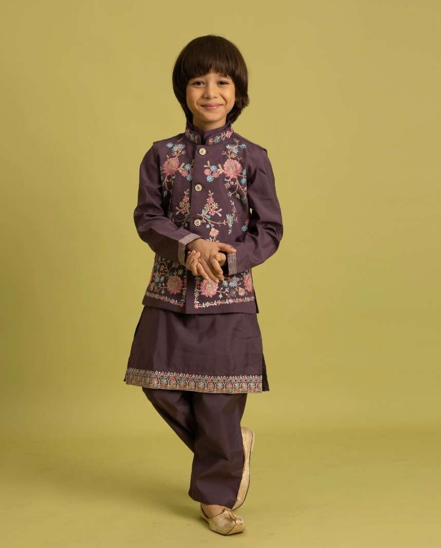DESIGNER KIDS WEAR KOTI KURTA SET IN VISCOSE SILK PURPLE KIDS SHERWANI KURTA SET KF 91035