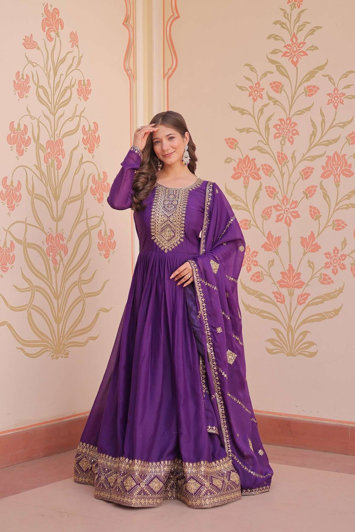 DESIGNER PARTY WEAR READYMADE GEORGETTE PURPLE ANARKALI GOWN SUIT DUPATTA LW 9273 B
