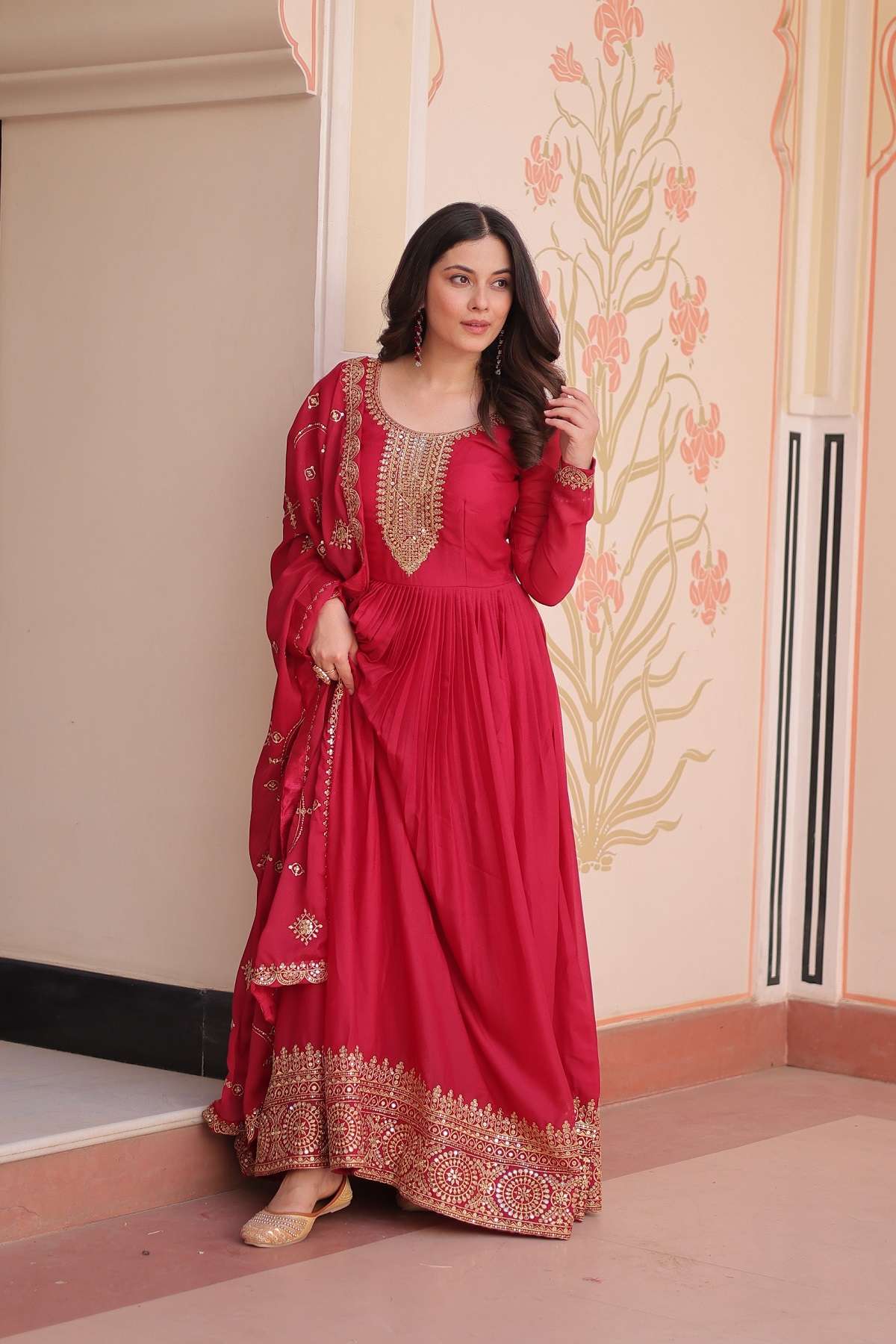 DESIGNER PARTY WEAR READYMADE GEORGETTE RED ANARKALI GOWN SUIT DUPATTA LW 9273 A