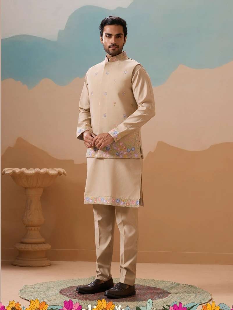 DESIGNER PARTY WEAR READYMADE INDIAN MENS BEIGE VISCOSE SILK KOTI KURTA KF 21005