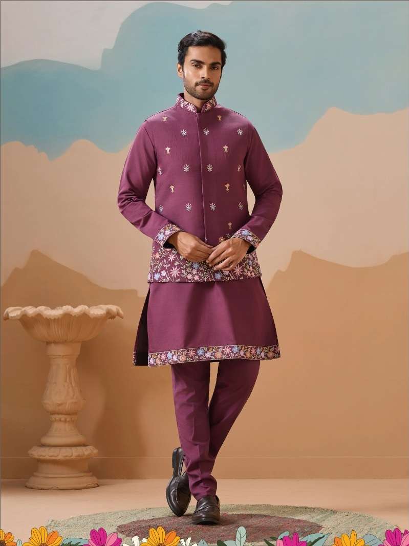 DESIGNER PARTY WEAR READYMADE INDIAN MENS DUSTY PINK VISCOSE SILK KOTI KURTA KF 21001