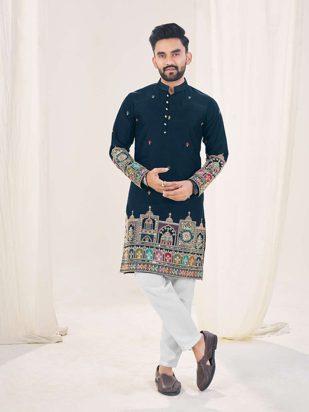 DESIGNER PARTY WEAR READYMADE INDIAN MENS GEORGETTE SILK BLUE KURTA SS 7
