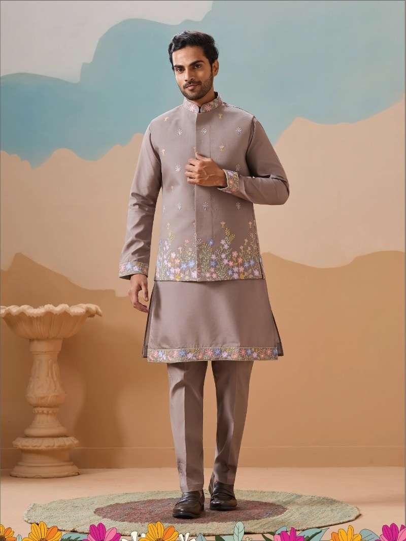 DESIGNER PARTY WEAR READYMADE INDIAN MENS GREY VISCOSE SILK KOTI KURTA KF 21002