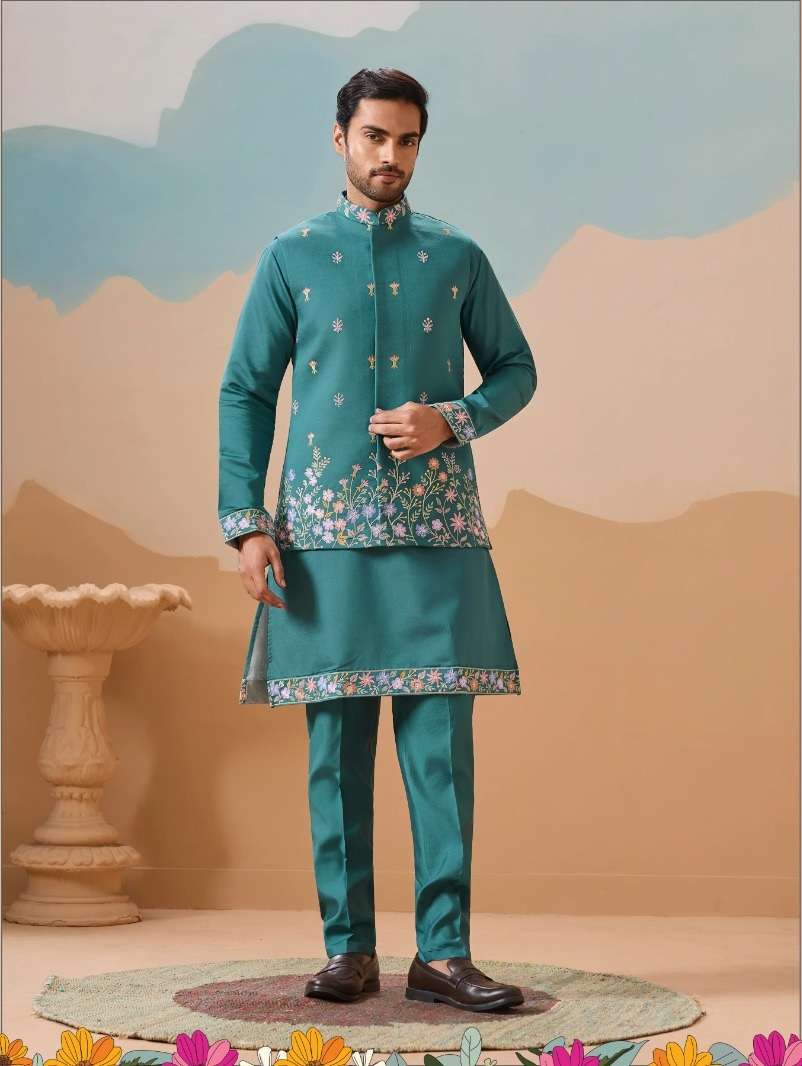 DESIGNER PARTY WEAR READYMADE INDIAN MENS RAMA GREEN VISCOSE SILK KOTI KURTA KF 21003
