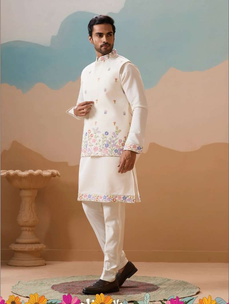 DESIGNER PARTY WEAR READYMADE INDIAN MENS WHITE VISCOSE SILK KOTI KURTA KF 21004
