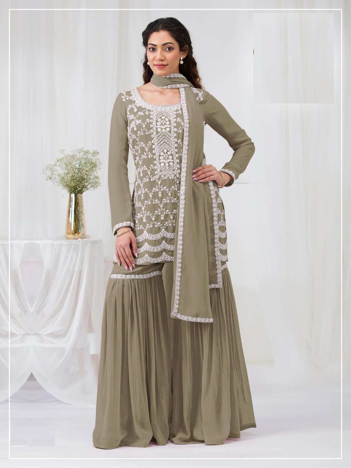DESIGNER WEDDING PARTY WEAR FAUX GEORGETTE SHARARA GREEN SALWAR SUIT JG 3105 C