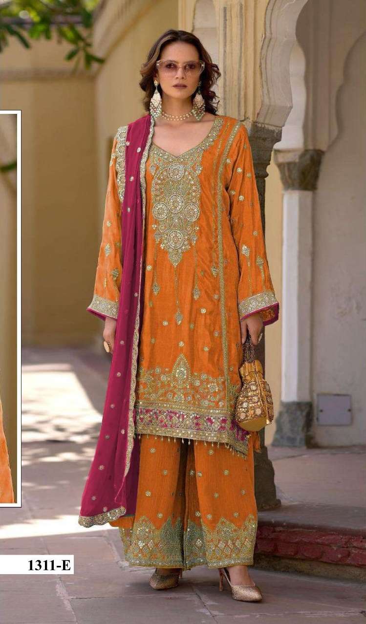 DESIGNER WEDDING PARTY WEAR HEAVY CHINON ORANGE SHARARA PALLAZO SALWAR SUIT HT 1311 E