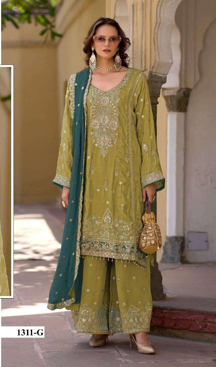 DESIGNER WEDDING PARTY WEAR HEAVY CHINON PARROT GREEN SHARARA PALLAZO SALWAR SUIT HT 1311 G