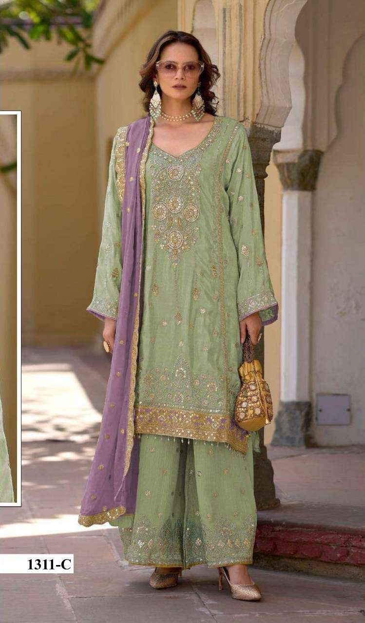 DESIGNER WEDDING PARTY WEAR HEAVY CHINON PISTA GREEN SHARARA PALLAZO SALWAR SUIT HT 1311 C