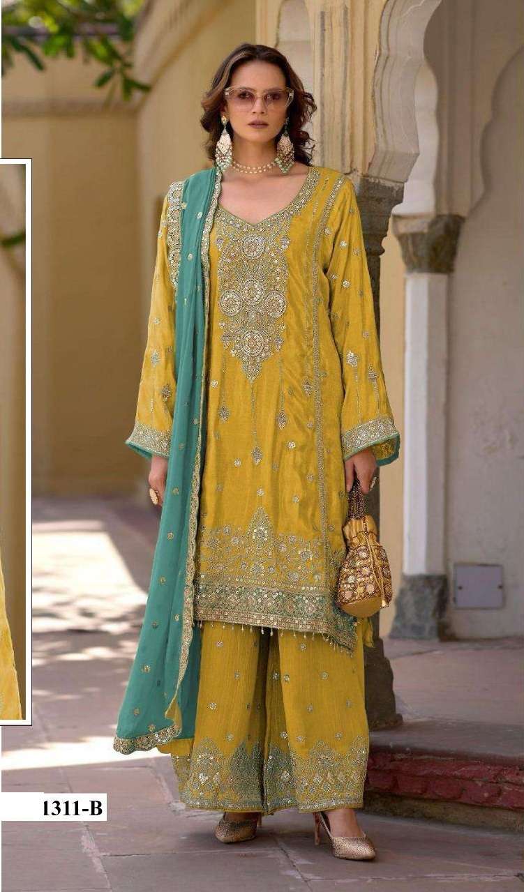 DESIGNER WEDDING PARTY WEAR HEAVY CHINON YELLOW SHARARA PALLAZO SALWAR SUIT HT 1311 B