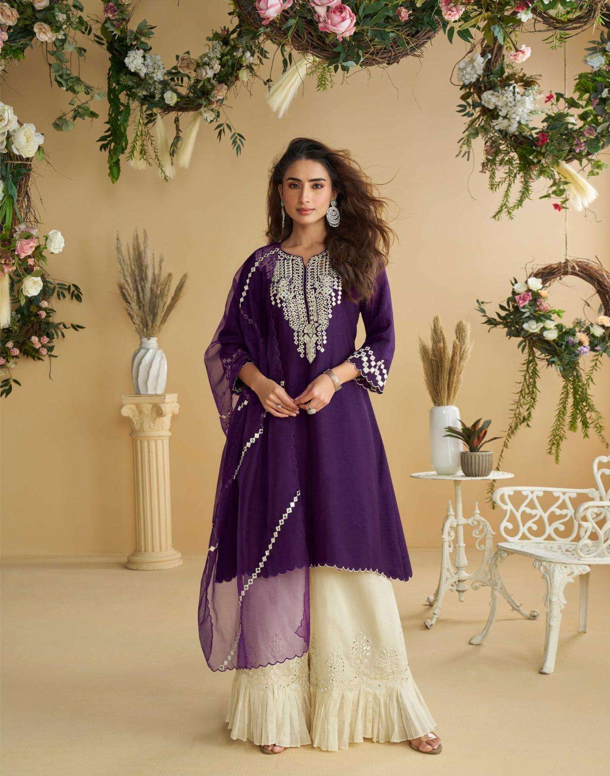 DESIGNER WEDDING PARTY WEAR PREMIUM SILK PURPLE SHARARA PALLAZO SALWAR SUIT SY AMARA 10123