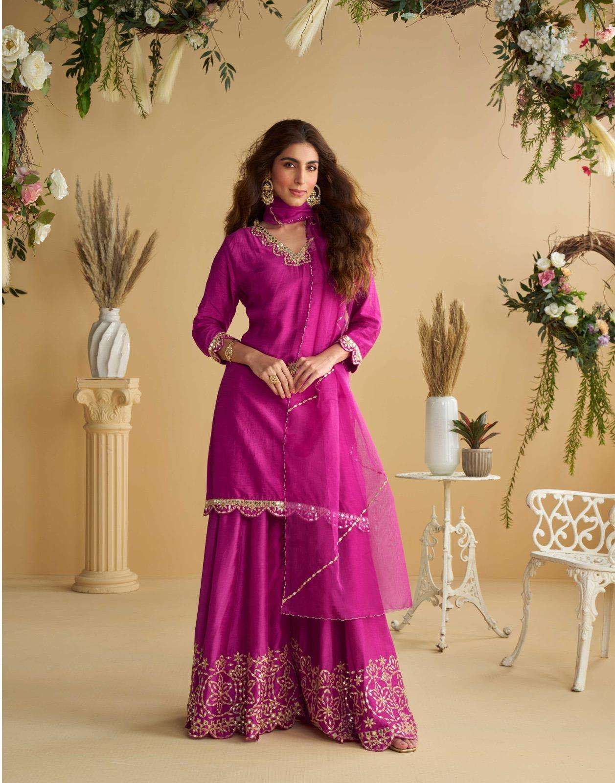DESIGNER WEDDING PARTY WEAR PREMIUM SILK RANI PINK SHARARA PALLAZO SALWAR SUIT SY AMARA 10121
