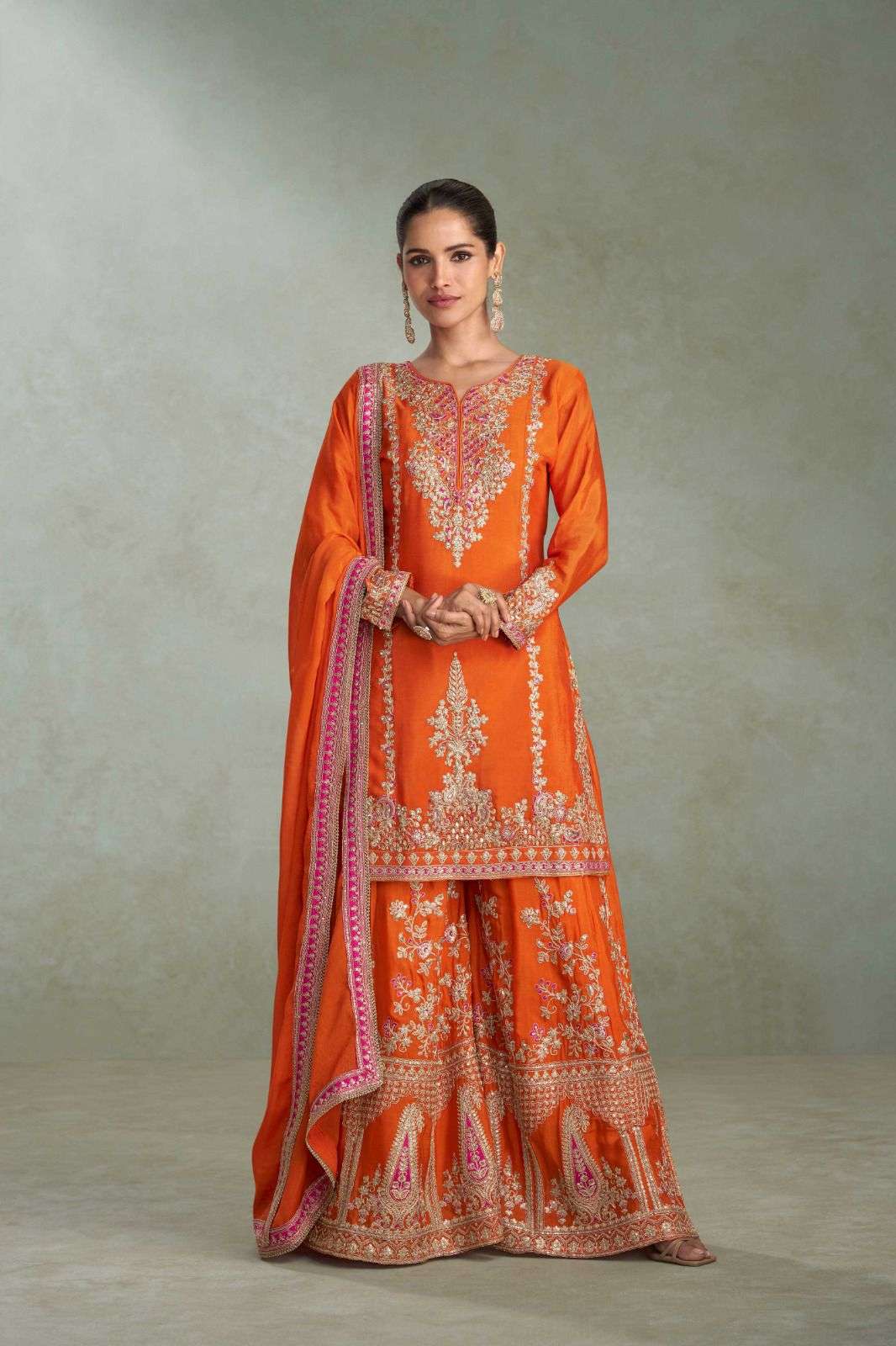 DESIGNER WEDDING PARTY WEAR REAL CHINON SILK ORANGE SHARARA PALLAZO SALWAR SUIT GL VIBHUTI 7628 A