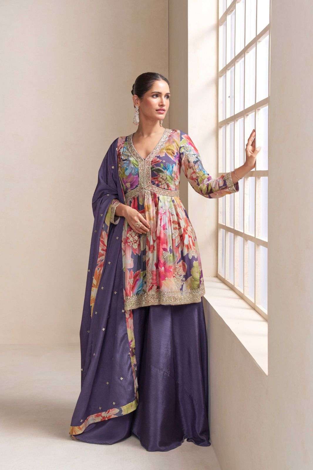 DESIGNER WEDDING PARTY WEAR REAL CHINON SILK PRINTED PURPLE SHARARA PALLAZO SALWAR SUIT GL RAGA 7593