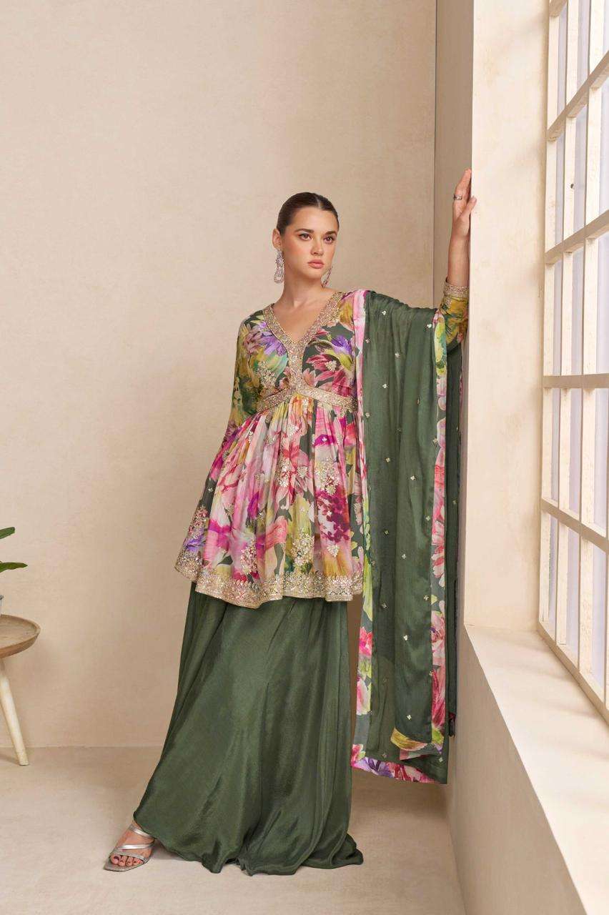 DESIGNER WEDDING PARTY WEAR REAL CHINON SILK PRINTED GREEN SHARARA PALLAZO SALWAR SUIT GL RAGA 7594