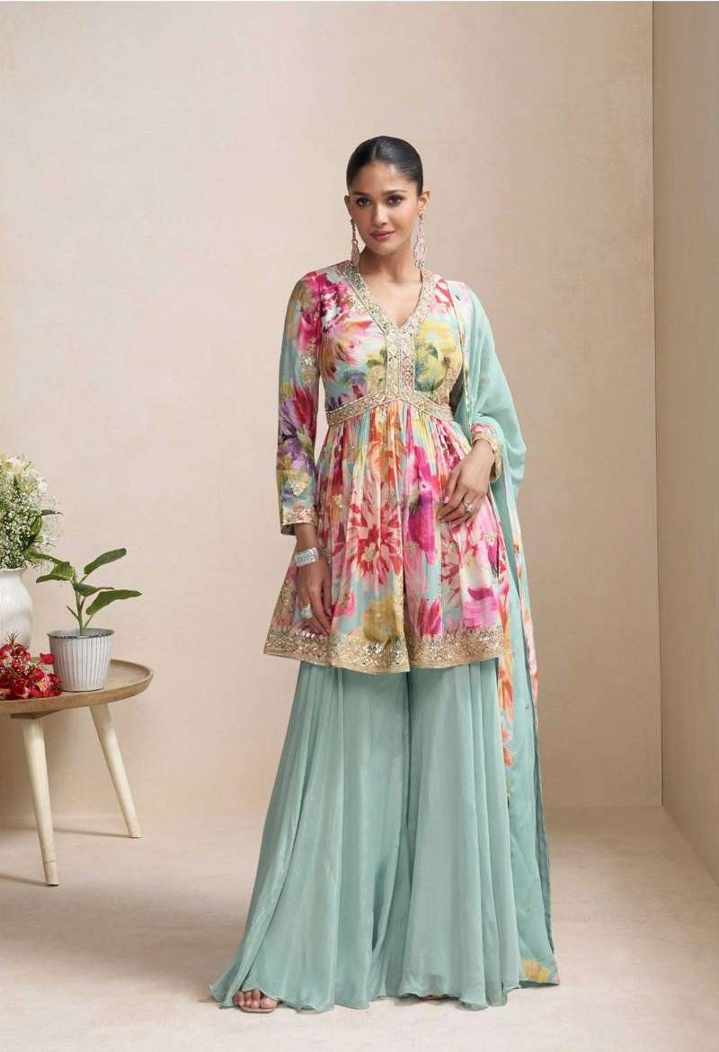DESIGNER WEDDING PARTY WEAR REAL CHINON SILK PRINTED SKY BLUE SHARARA PALLAZO SALWAR SUIT GL RAGA 7595