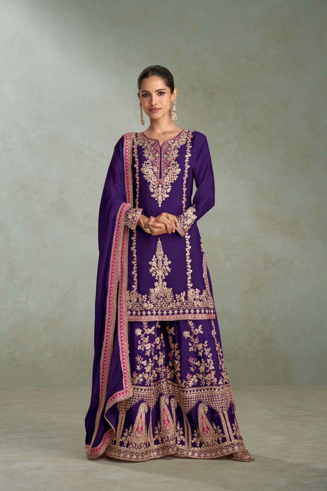 DESIGNER WEDDING PARTY WEAR REAL CHINON SILK PURPLE SHARARA PALLAZO SALWAR SUIT GL VIBHUTI 7628 B