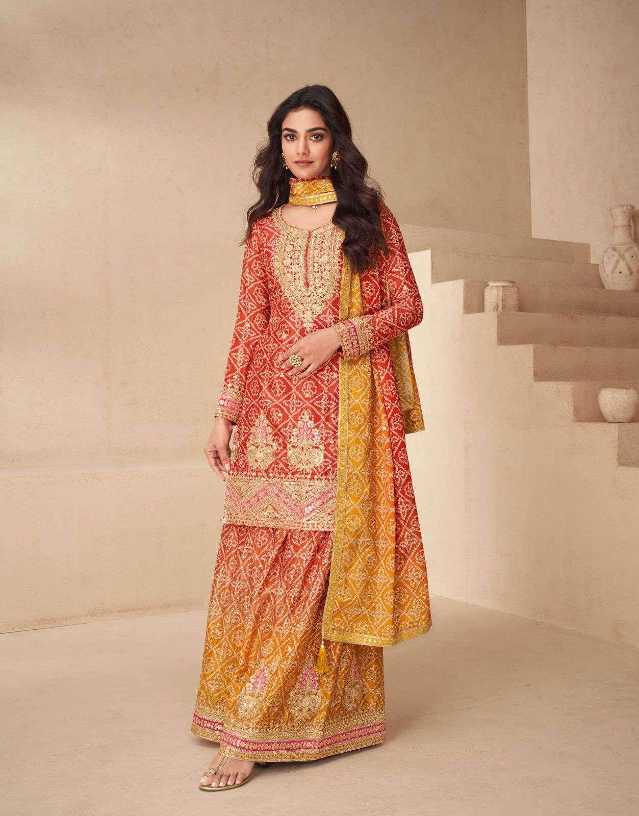 DESIGNER WEDDING PARTY WEAR REAL CHINON SILK RED YELLOW SHARARA PALLAZO SALWAR SUIT AF NETRA 10172