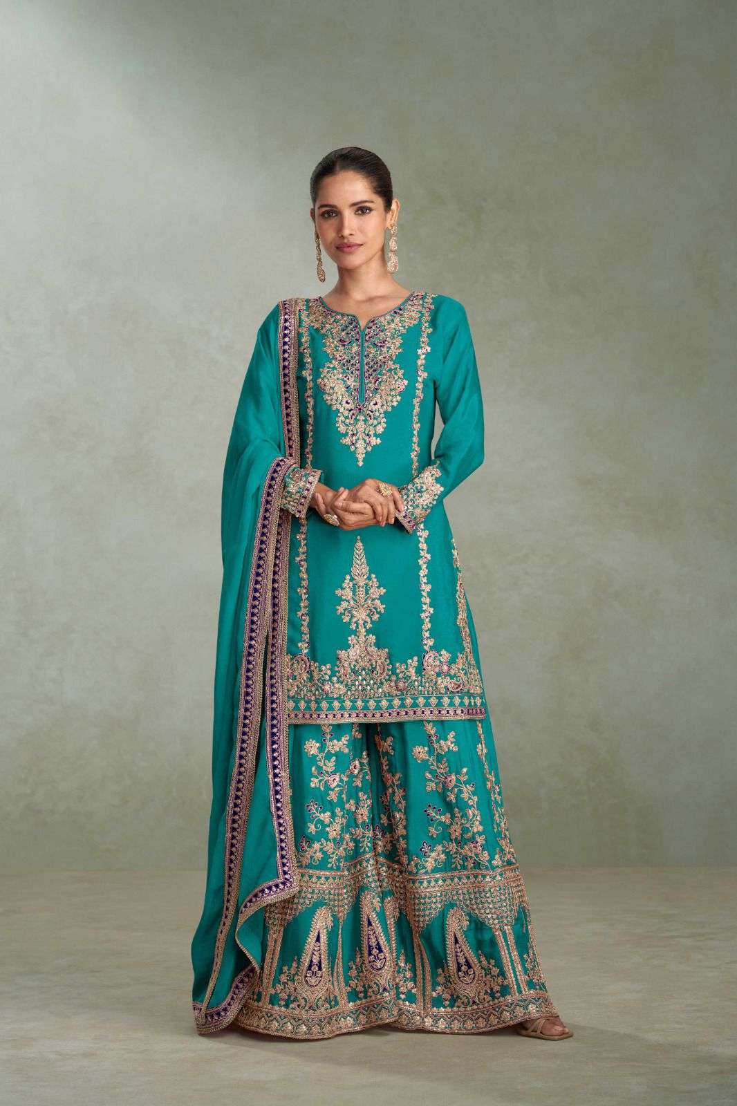 DESIGNER WEDDING PARTY WEAR REAL CHINON SILK SKY BLUE SHARARA PALLAZO SALWAR SUIT GL VIBHUTI 7628 D