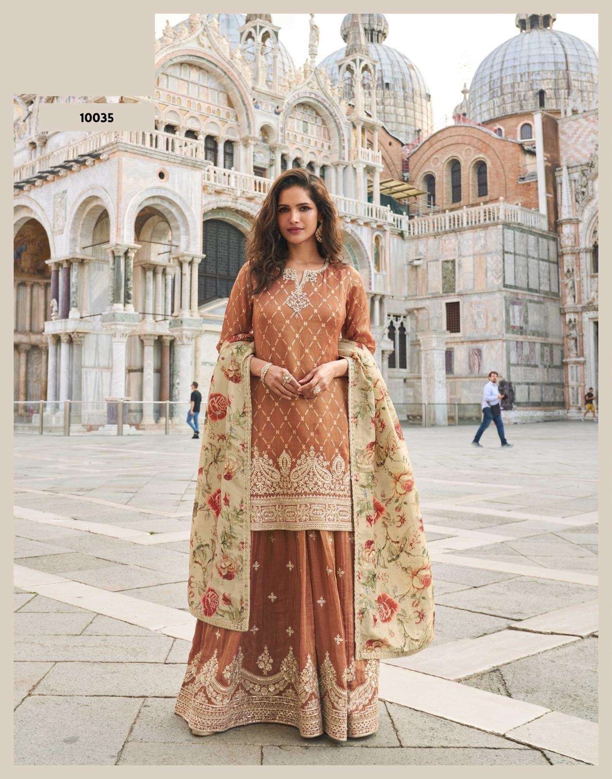 DESIGNER WEDDING PARTY WEAR SIMAR SILK BROWN SHARARA PALLAZO SALWAR SUIT SY TAJ 10035