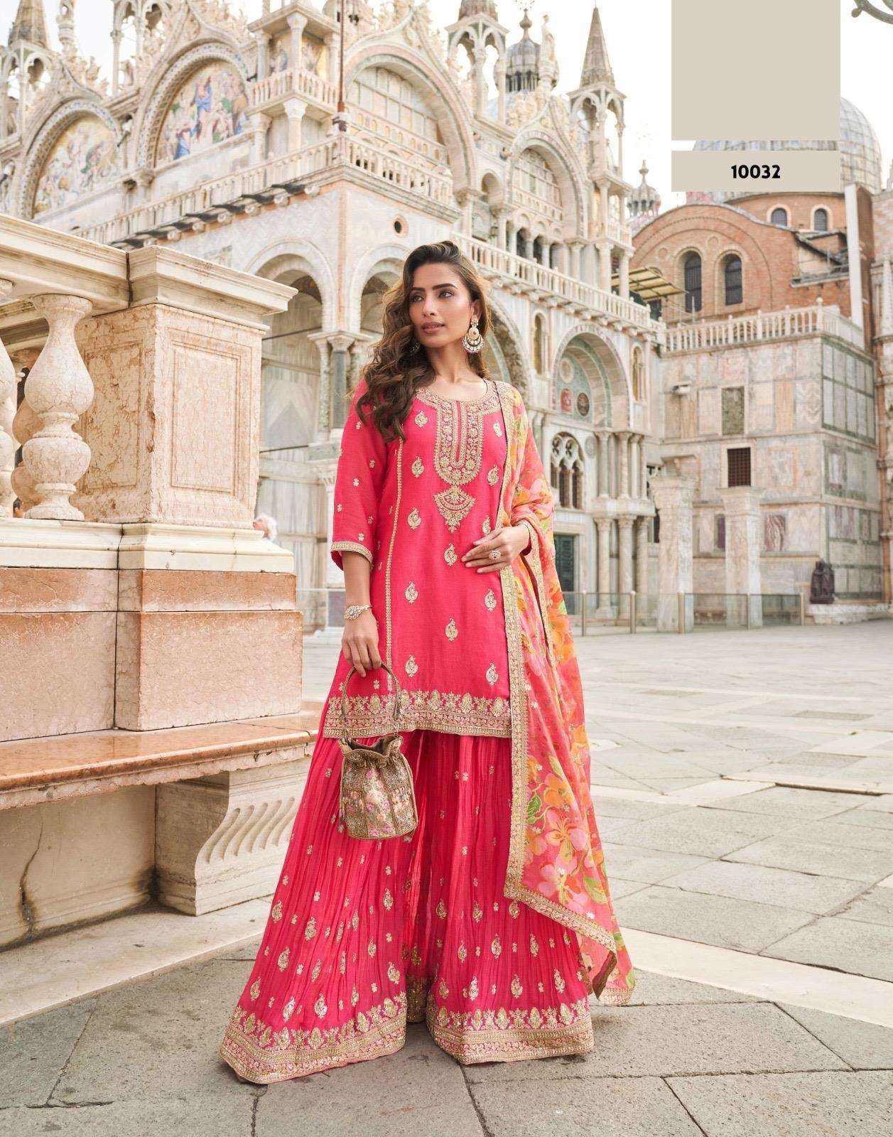 DESIGNER WEDDING PARTY WEAR SIMAR SILK GAJARI PINK SHARARA PALLAZO SALWAR SUIT SY TAJ 1003