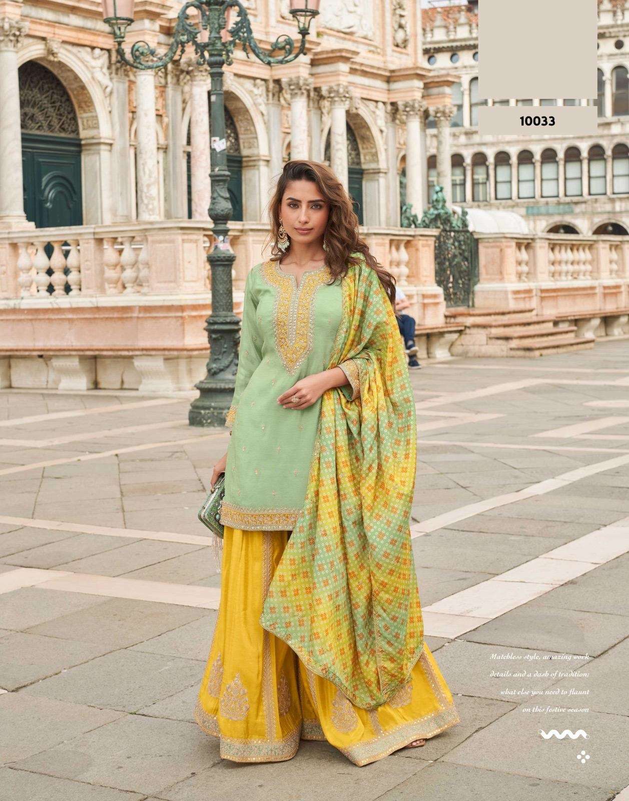 DESIGNER WEDDING PARTY WEAR SIMAR SILK GREEN YELLOW SHARARA PALLAZO SALWAR SUIT SY TAJ 10033