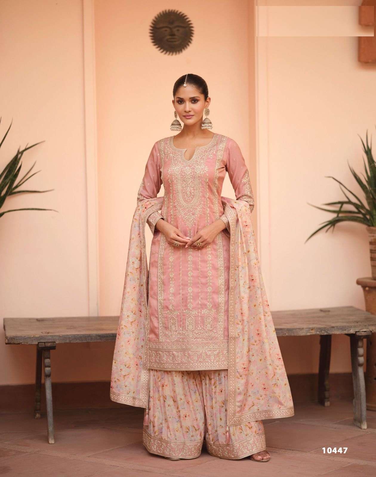 DESIGNER WEDDING PARTY WEAR SIMAR SILK PEACH SHARARA PALLAZO SALWAR SUIT AF SONALI 10447